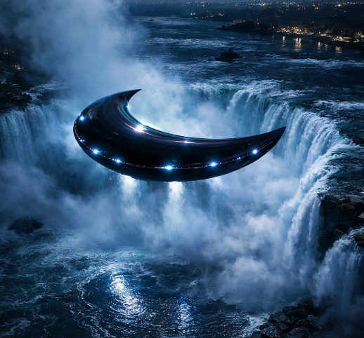 A crescent-shaped spacecraft hovers in the mist over Niagara Falls at night
