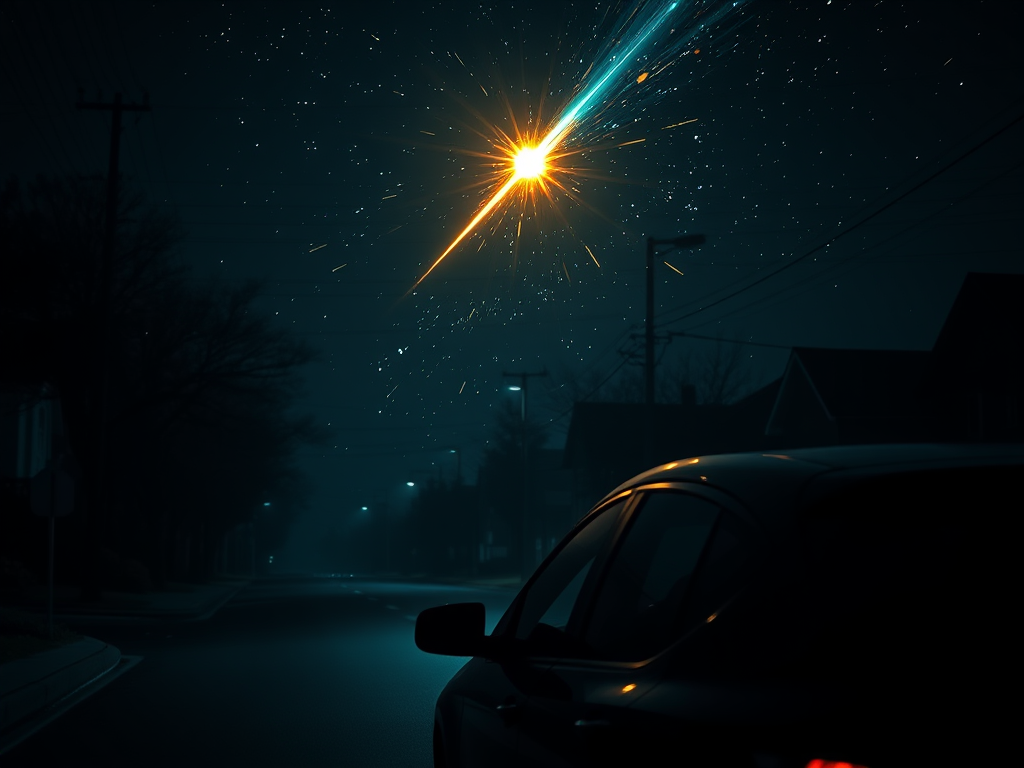 Golden and turquoise fireball in the night sky