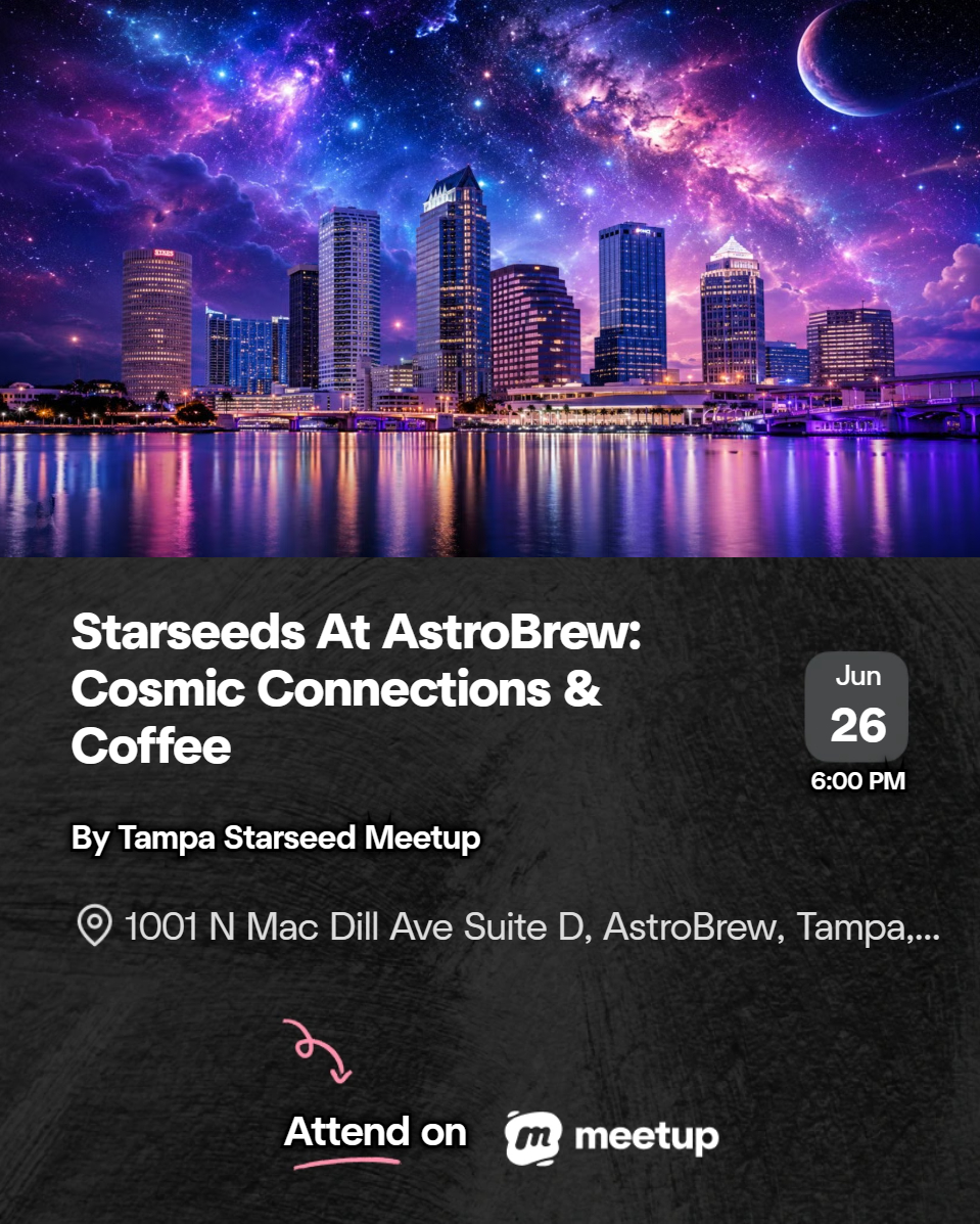 Event flyer for Starseeds At AstroBrew on June 26 at 6:00 PM, featuring a cosmic-themed city skyline