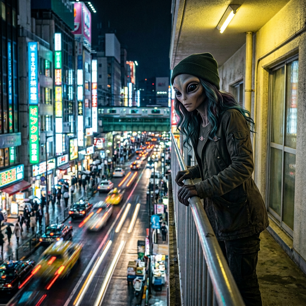 Alien figure wearing a jacket and beanie on a balcony overlooking a busy city street with blurred lights at night
